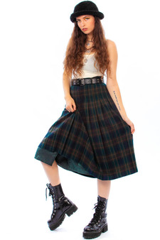 Vintage 80's Moody Pleated Wool Plaid Midi Skirt