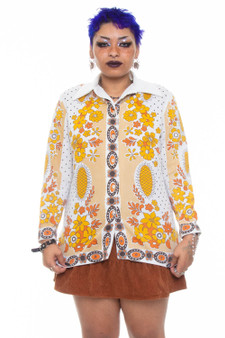 Vintage 70's Flower Power Pointy Collared Stretchy Blouse