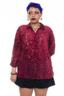 Vintage 90's Sheer Velvet Paisley Maroon Button-Up