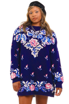 Vintage 80's Navy Floral Sweater Dress