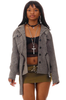 Vintage 90's Herringbone Button Up Belted Jacket