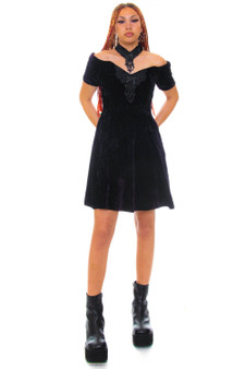 Vintage 80's Gothic Black Velvet Beaded Mini Dress
