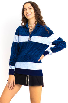 Vintage 70's Shades of Blue Crush Velour Collared Pullover