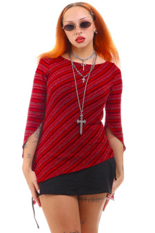 Vintage Y2K Stretchy Striped Shades Of Red Asymmetrical Top