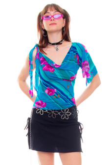 Vintage Y2K Shades Of Blue Floral Stripe Asymmetrical Strap To