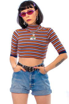 Vintage 90's Rainbow Stripe Rainbow Patch Mock Neck Top
