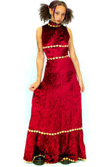 Vintage 60's Cranberry Crushed Velvet Vampy Maxi Dress