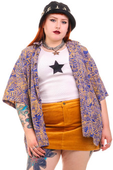 Vintage 90's Blue Palm Leaves Short Sleeve Button Up Top