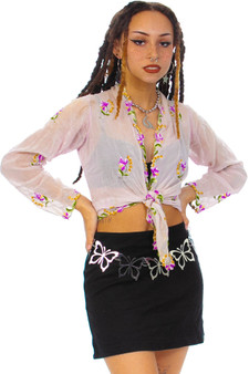 Vintage 90's Lavender Floral Embroidery Tie-Front Top