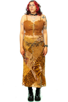 Vintage 90's Brown Patchwork Animal Print Lace Maxi Skirt