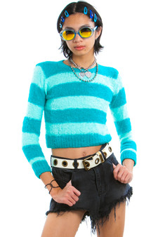 Vintage Y2K Teal Fuzzy Knit Striped Sweater