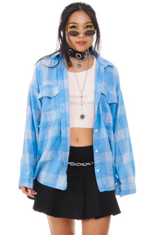 Vintage Y2K Baby Blue Plaid Long Sleeve Button-Up