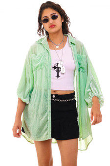 Vintage Y2K Oversized Minty Green Velvet Button Up Top