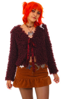 Vintage 90's Maroon Romantic Fluffy Poodle Cropped Cardigan