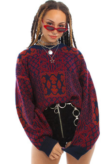 Vintage 80's Cranberry & Tangerine Ornate Sweater
