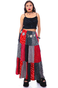 Vintage 90's Patchwork Black & Red Floral Maxi Skirt