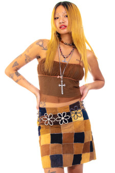 Vintage 90's Patchwork Faux Suede Contrast Stitch Skirt