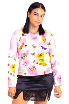 Vintage Y2K Pink Butterfly & Floral Art Sequin Tie Dye Long-Sleeve