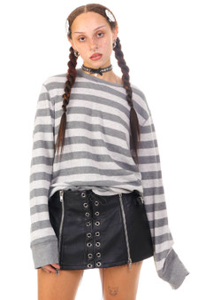 Vintage Y2K Grey Striped Long-Sleeve Thermal