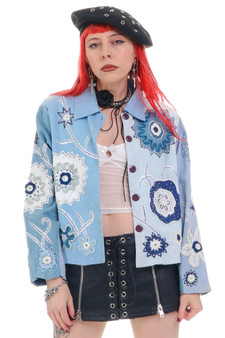 Vintage 80's Denim Flowers Art Embroidered Jacket