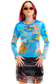 Vintage 90's Blue Floral Art Sequins Long Sleeve