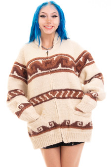 Vintage 70's Thick Knitted White and Brown Winter Woven Zip Up Sweater