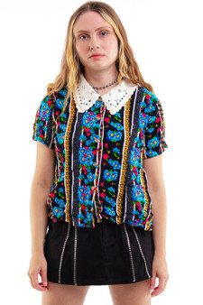 Vintage 80's Floral Lace Collar Mix Blouse