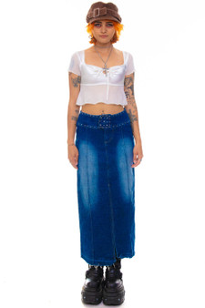 Vintage Y2K Rhinestone Denim Maxi Skirt