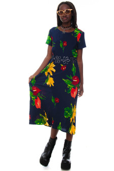 Vintage 90's Moody Blue Bright Floral Maxi Dress