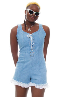 Vintage 90's Denim Dolly Crochet Lace-up Romper