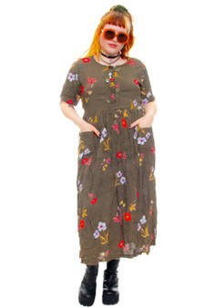 Vintage 90's Green Floral Rayon Button Dress