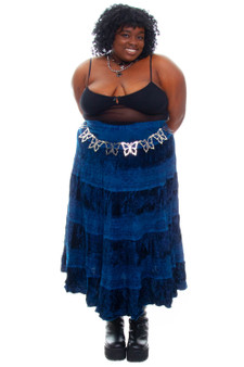 Vintage 90's Whimsical Blue Velvet Embroidered Tiered Skirt