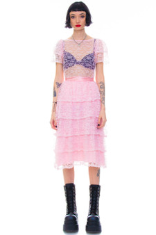 Vintage 80's Pretty In Pink Lace Ruffle Ribbon Dress