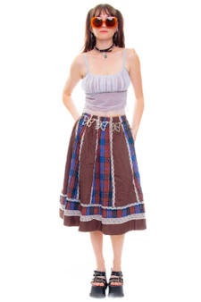 Vintage 70's Brown Plaid Lace Ruffle Skirt