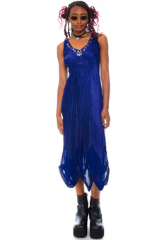 Vintage 90's Shiny Navy Pleated Rhinestone Maxi Dress