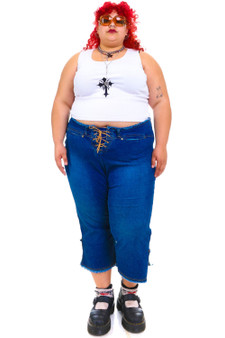 Vintage Y2K Lisadee Lace Up Raw Hem Denim Capris