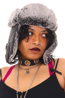 Vintage Y2K Grey Herringbone Fuzzy Trapper Hat