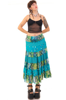 Vintage Y2K Beaded Mixed Print Tiered Maxi Skirt