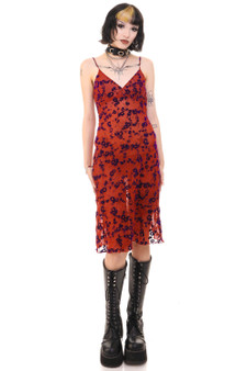 Vintage Y2K Flocked Velvet Floral Sheer Spaghetti Strap Dress