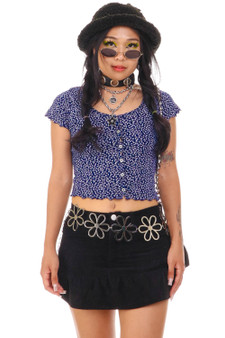 Vintage 90's Moody Blue Floral Short Sleeve Top