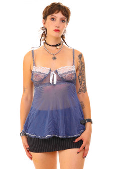 Vintage Y2K Sheer Denim Blue Lace Lingerie Top