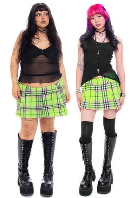 Priscilla Slime Green Plaid Low-Rise Mini Skirt