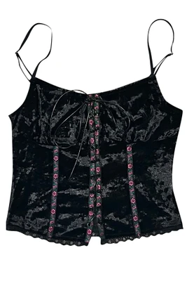 Ria Black Velvet Lace-Up Top