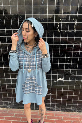 Angela Blue Plaid Hoodie Mini Dress