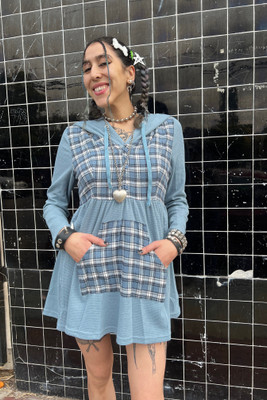 Angela Blue Plaid Hoodie Mini Dress