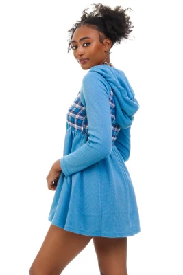 Angela Blue Plaid Hoodie Mini Dress