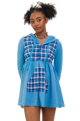 Angela Blue Plaid Hoodie Mini Dress