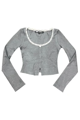 TUNNEL VISION SECONDHAND - Rosa Grey Lace-Trimmed Thermal Long-Sleever, Size Large
