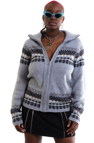 Vintage 70's Grey Knit Zip Up Sweater