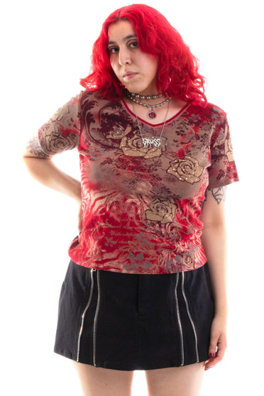 Vintage 90's Red Rose Collage Sparkly Top